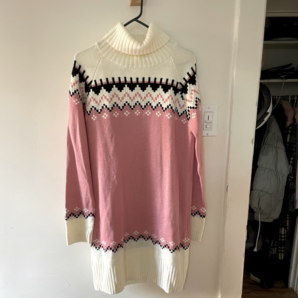 Pink knit turtleneck dress with fairisle pattern